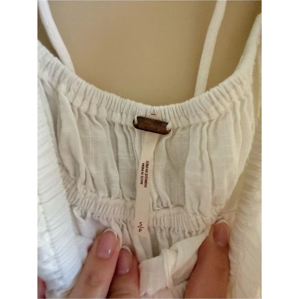 Free People Phoebe Smocked White Lace-Up Square Neck Peplum Top